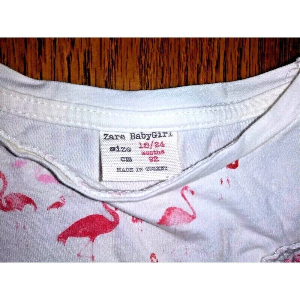 Zara Girl Dress pink Flamingo print baby Size 18/24 white with ruffle cap sleeve